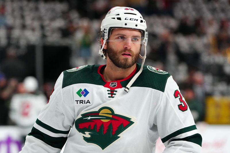 Apr 12, 2024; Las Vegas, Nevada, USA; Minnesota Wild defenseman Alex Goligoski (33) warms up before the start of a game against the Vegas Golden Knights at T-Mobile Arena. Mandatory Credit: Stephen R. Sylvanie-USA TODAY Sports