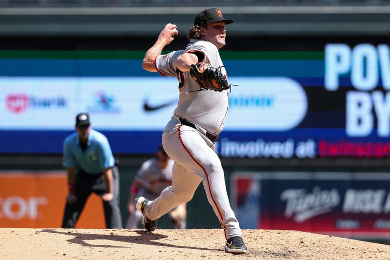 May 11, 2025; Minneapolis, Minnesota, USA; San Francisco Giants pitcher Erik Miller (68) delivers a pitch against the Minnesota Twins during the sixth inning at Target Field. Mandatory Credit: Matt Krohn-Imagn Images