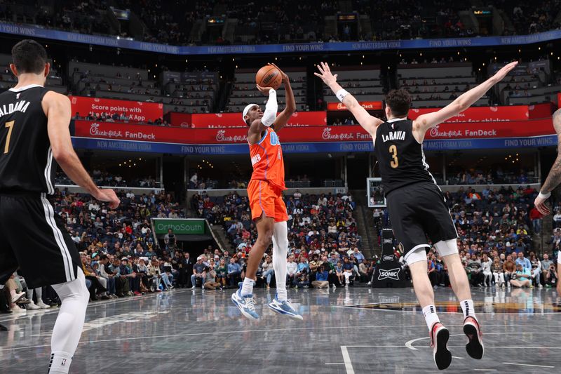 MEMPHIS, TN - MARCH 16:  Shai Gilgeous-Alexander #2 of the Oklahoma City Thunder shoots the ball during the game against the Memphis Grizzlies on March 16, 2024 at FedExForum in Memphis, Tennessee. NOTE TO USER: User expressly acknowledges and agrees that, by downloading and or using this photograph, User is consenting to the terms and conditions of the Getty Images License Agreement. Mandatory Copyright Notice: Copyright 2024 NBAE (Photo by Joe Murphy/NBAE via Getty Images)