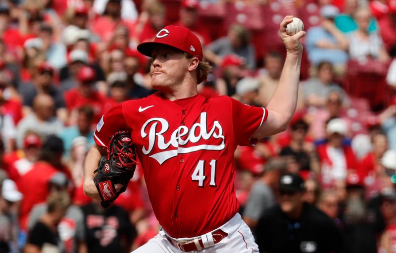 Aug 5, 2023; Cincinnati, Ohio, USA; Cincinnati Reds starting pitcher Andrew Abbott (41) throws against the Washington Nationals during the first inning at Great American Ball Park. Mandatory Credit: David Kohl-USA TODAY Sports