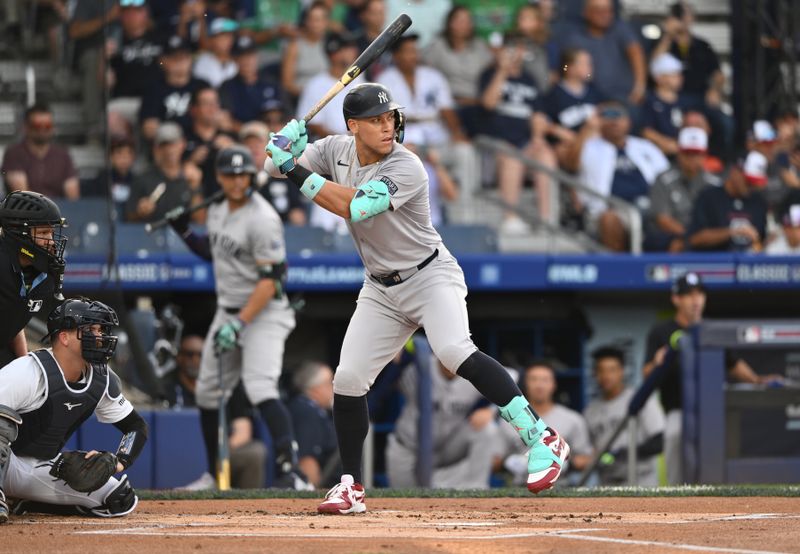 Aug 18, 2024; Williamsport, Pennsylvania, USA; New York Yankees outfielder Aaron Judge (99) bats against the Detroit Tigers in the first inning at BB&T Ballpark at Historic Bowman Field. Mandatory Credit: Kyle Ross-USA TODAY Sports