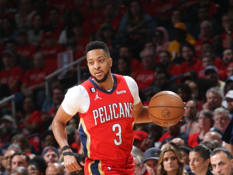 NEW ORLEANS, LA - APRIL 12: CJ McCollum #3 of the New Orleans Pelicans drives to the basket against the Oklahoma City Thunder during the 2023 Play-In Tournament on April 12, 2023 at the Smoothie King Center in New Orleans, Louisiana. NOTE TO USER: User expressly acknowledges and agrees that, by downloading and or using this Photograph, user is consenting to the terms and conditions of the Getty Images License Agreement. Mandatory Copyright Notice: Copyright 2023 NBAE (Photo by Layne Murdoch Jr./NBAE via Getty Images)