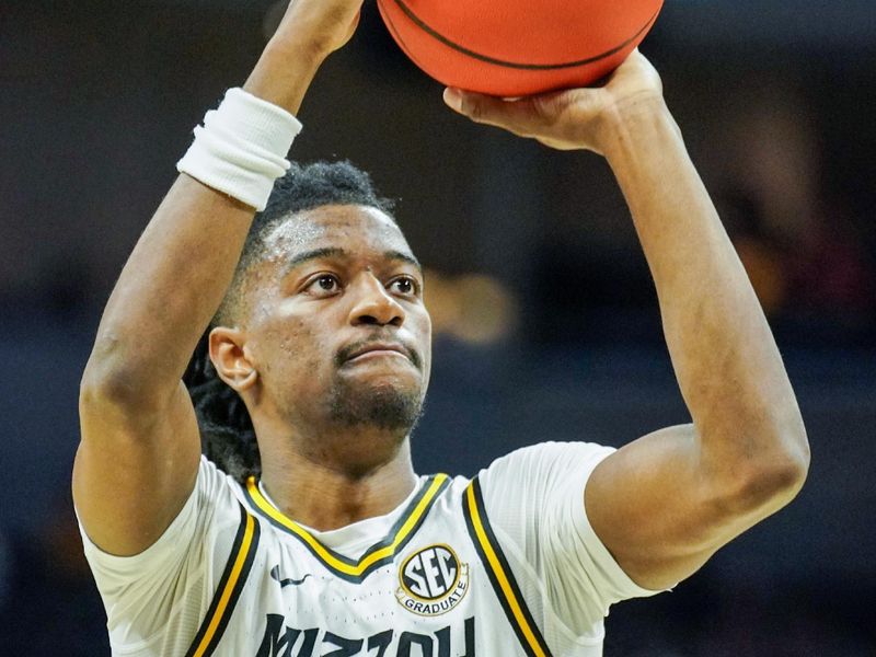 Dec 3, 2023; Columbia, Missouri, USA; Missouri Tigers guard Sean East II (55) shoots a free throw against the Wichita State Shockers during the first half at Mizzou Arena. Mandatory Credit: Denny Medley-USA TODAY Sports