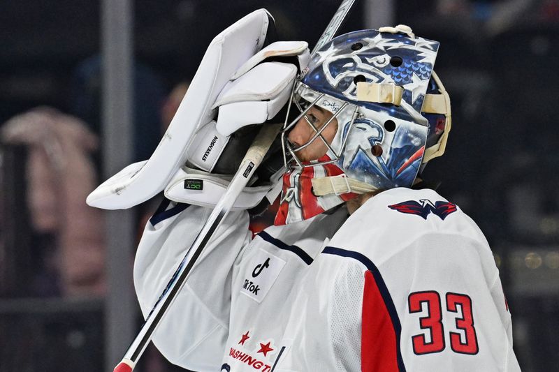 Feb 3, 2026; Philadelphia, Pennsylvania, USA; Washington Capitals goaltender Clay Stevenson (33) during a break against the Philadelphia Flyers during the first period at Xfinity Mobile Arena. Mandatory Credit: Eric Hartline-Imagn Images
