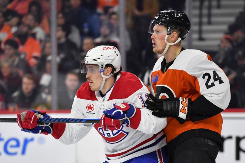 Jan 10, 2024; Philadelphia, Pennsylvania, USA; Montreal Canadiens right wing Brendan Gallagher (11) and Philadelphia Flyers defenseman Nick Seeler (24) battle for position during the second period at Wells Fargo Center. Mandatory Credit: Eric Hartline-USA TODAY Sports