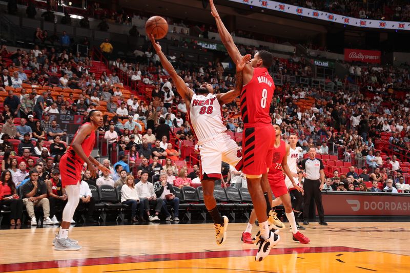 MIAMI, FL - MARCH 29: Patty Mills #88 of the Miami Heat drives to the basket during the game against the Portland Trail Blazers on March 29, 2024 at Kaseya Center in Miami, Florida. NOTE TO USER: User expressly acknowledges and agrees that, by downloading and or using this Photograph, user is consenting to the terms and conditions of the Getty Images License Agreement. Mandatory Copyright Notice: Copyright 2024 NBAE (Photo by Issac Baldizon/NBAE via Getty Images)