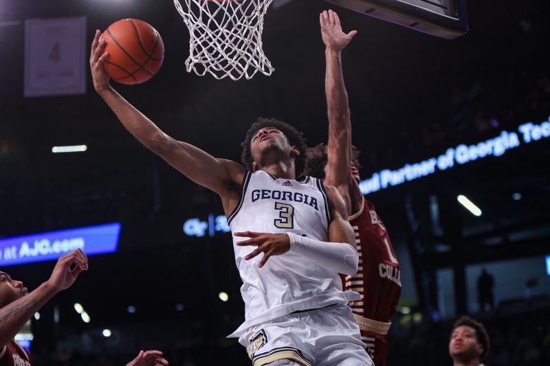 Jan 4, 2025; Atlanta, Georgia, USA; Georgia Tech Yellow Jackets guard Jaeden Mustaf (3) shoots against the Boston College Eagles in the second half at McCamish Pavilion. Mandatory Credit: Brett Davis-Imagn Images
