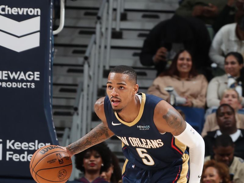 NEW ORLEANS, LA - DECEMBER 5: Dejounte Murray #5 of the New Orleans Pelicans dribbles the ball during the game against the Phoenix Suns on December 5, 2024 at the Smoothie King Center in New Orleans, Louisiana. NOTE TO USER: User expressly acknowledges and agrees that, by downloading and or using this Photograph, user is consenting to the terms and conditions of the Getty Images License Agreement. Mandatory Copyright Notice: Copyright 2024 NBAE (Photo by Layne Murdoch Jr./NBAE via Getty Images)