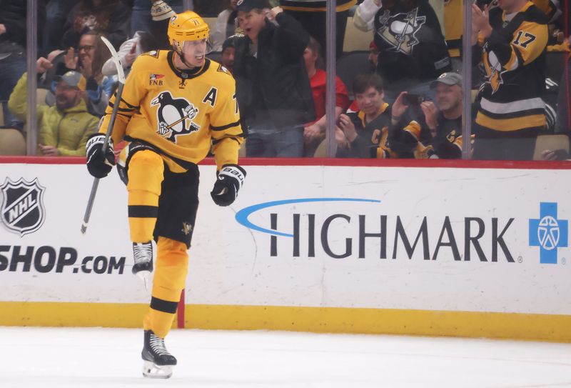 Jan 8, 2026; Pittsburgh, Pennsylvania, USA;  Pittsburgh Penguins center Evgeni Malkin (71) reacts after scoring a power play goal against the New Jersey Devils during the second period at PPG Paints Arena. Mandatory Credit: Charles LeClaire-Imagn Images