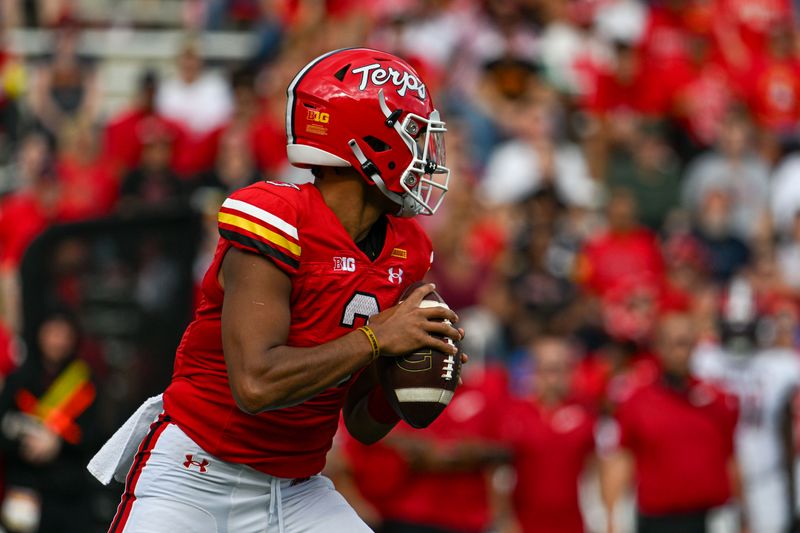 Sep 30, 2023; College Park, Maryland, USA; Maryland Terrapins quarterback Taulia Tagovailoa (3) looks to pass during the first half against the Indiana Hoosiers  at SECU Stadium. Mandatory Credit: Tommy Gilligan-USA TODAY Sports