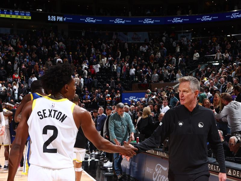 SALT LAKE CITY, UT - FEBRUARY 15: Colin Sexton #2 of the Utah Jazz shakes hands with Head Coach Steve Kerr of the Golden State Warriors after the game on February 15, 2024 at Delta Center in Salt Lake City, Utah. NOTE TO USER: User expressly acknowledges and agrees that, by downloading and or using this Photograph, User is consenting to the terms and conditions of the Getty Images License Agreement. Mandatory Copyright Notice: Copyright 2024 NBAE (Photo by Melissa Majchrzak/NBAE via Getty Images)