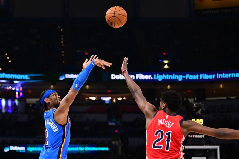 OKLAHOMA CITY, OKLAHOMA - FEBRUARY 10: Shai Gilgeous-Alexander #2 of the Oklahoma City Thunder attempts a shot during the second half against the New Orleans Pelicans at Paycom Center on February 10, 2025 in Oklahoma City, Oklahoma. NOTE TO USER: User expressly acknowledges and agrees that, by downloading and or using this Photograph, user is consenting to the terms and conditions of the Getty Images License Agreement. (Photo by Joshua Gateley/Getty Images)