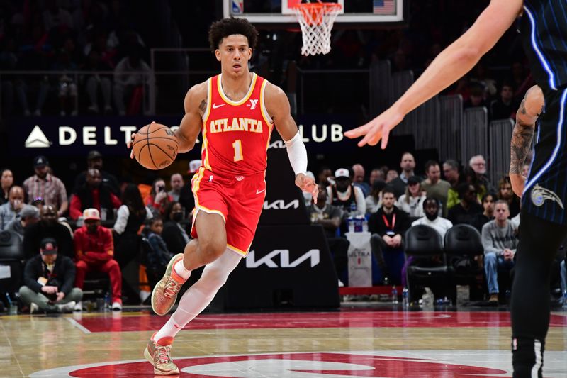 ATLANTA, GA - FEBRUARY 25: Jalen Johnson #1 of the Atlanta Hawks dribbles the ball during the game against the Orlando Magic on February 25, 2024 at State Farm Arena in Atlanta, Georgia.  NOTE TO USER: User expressly acknowledges and agrees that, by downloading and/or using this Photograph, user is consenting to the terms and conditions of the Getty Images License Agreement. Mandatory Copyright Notice: Copyright 2024 NBAE (Photo by Scott Cunningham/NBAE via Getty Images)