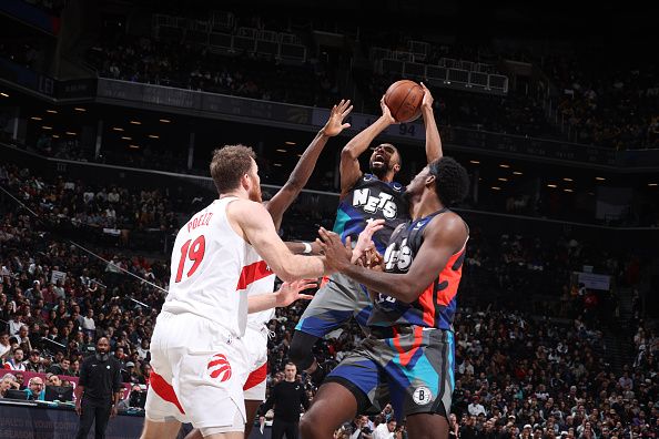 BROOKLYN, NY - NOVEMBER 28: Mikal Bridges #1 of the Brooklyn Nets shoots the ball during the game against the Toronto Raptors during the In-Season Tournament on November 28, 2023 at Barclays Center in Brooklyn, New York. NOTE TO USER: User expressly acknowledges and agrees that, by downloading and or using this Photograph, user is consenting to the terms and conditions of the Getty Images License Agreement. Mandatory Copyright Notice: Copyright 2023 NBAE (Photo by Nathaniel S. Butler/NBAE via Getty Images)