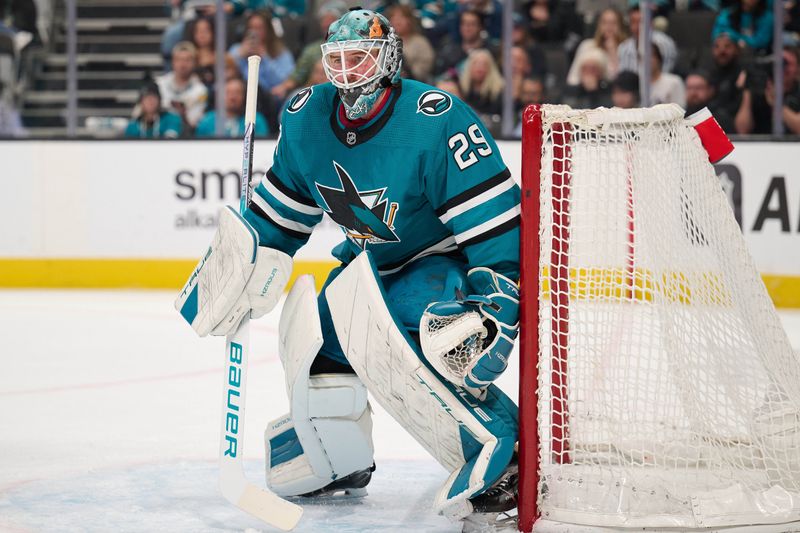 Jan 30, 2024; San Jose, California, USA; San Jose Sharks goaltender Mackenzie Blackwood (29) defends the goal against the Seattle Kraken during the first period at SAP Center at San Jose. Mandatory Credit: Robert Edwards-USA TODAY Sports