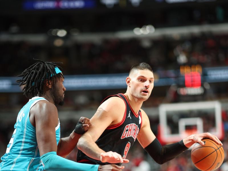 CHICAGO, IL - JANUARY 17: Nikola Vucevic #9 of the Chicago Bulls dribbles the ball during the game against the Charlotte Hornets on January 17, 2025 at United Center in Chicago, Illinois. NOTE TO USER: User expressly acknowledges and agrees that, by downloading and or using this photograph, User is consenting to the terms and conditions of the Getty Images License Agreement. Mandatory Copyright Notice: Copyright 2025 NBAE (Photo by Jeff Haynes/NBAE via Getty Images)
