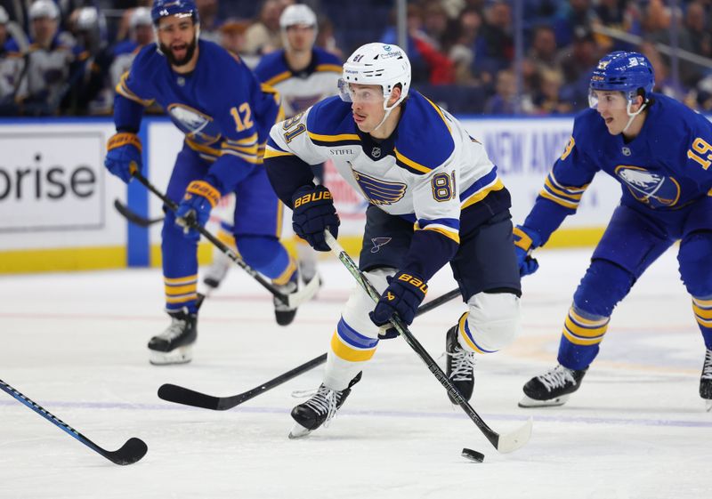 Nov 14, 2024; Buffalo, New York, USA;  St. Louis Blues center Dylan Holloway (81) skates up ice with he puck during the first period against the Buffalo Sabres at KeyBank Center. Mandatory Credit: Timothy T. Ludwig-Imagn Images