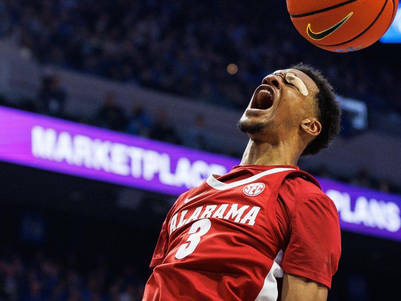 Feb 24, 2024; Lexington, Kentucky, USA; Alabama Crimson Tide guard Rylan Griffen (3) celebrates after dunking the ball during the first half against the Kentucky Wildcats at Rupp Arena at Central Bank Center. Mandatory Credit: Jordan Prather-USA TODAY Sports