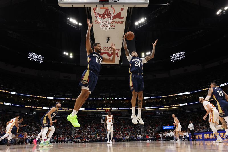 CHICAGO, IL - NOVEMBER 3: Jordan Hawkins #24 of the New Orleans Pelicans rebounds the ball during the game against the Atlanta Hawks on November 3, 2024 at United Center in Chicago, Illinois. NOTE TO USER: User expressly acknowledges and agrees that, by downloading and or using this photograph, User is consenting to the terms and conditions of the Getty Images License Agreement. Mandatory Copyright Notice: Copyright 2024 NBAE (Photo by Jeff Haynes/NBAE via Getty Images)