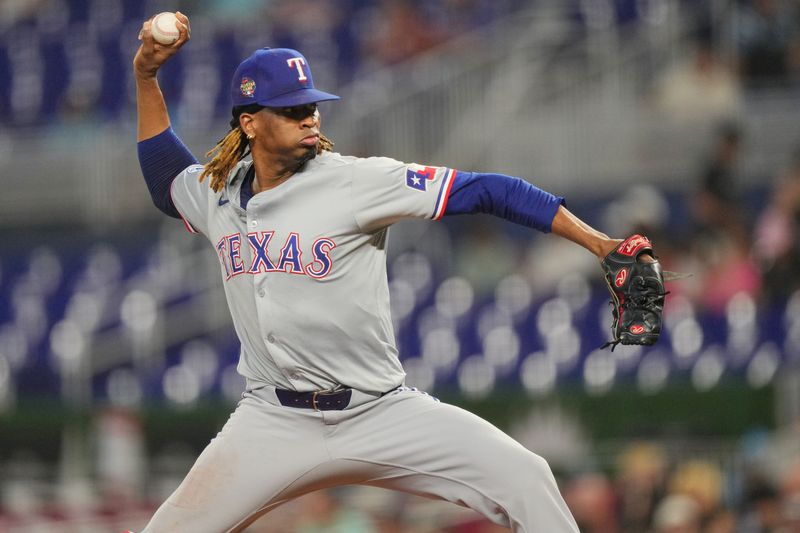 May 31, 2024; Miami, Florida, USA;  Texas Rangers starting pitcher José Ureña (54) pitches against the Miami Marlins in the first inning at loanDepot Park. Mandatory Credit: Jim Rassol-USA TODAY Sports