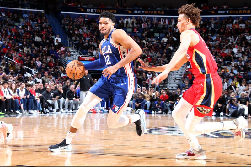 NEW ORLEANS, LA - DECEMBER 30: Tobias Harris #12 of the Philadelphia 76ers drives to the basket during the game against the New Orleans Pelicans on December 30, 2022 at the Smoothie King Center in New Orleans, Louisiana. NOTE TO USER: User expressly acknowledges and agrees that, by downloading and or using this Photograph, user is consenting to the terms and conditions of the Getty Images License Agreement. Mandatory Copyright Notice: Copyright 2022 NBAE (Photo by Layne Murdoch Jr./NBAE via Getty Images)