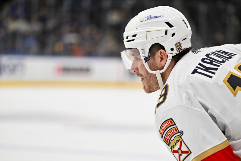 Jan 9, 2024; St. Louis, Missouri, USA;  Florida Panthers left wing Matthew Tkachuk (19) looks on before a face off against the St. Louis Blues during the third period at Enterprise Center. Mandatory Credit: Jeff Curry-USA TODAY Sports