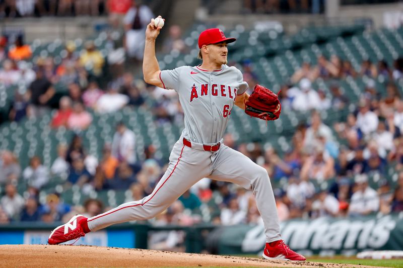 Aug 29, 2024; Detroit, Michigan, USA;  Los Angeles Angels pitcher Jack Kochanowicz (64) pitches in the first inning against the Detroit Tigers at Comerica Park. Mandatory Credit: Rick Osentoski-USA TODAY Sports