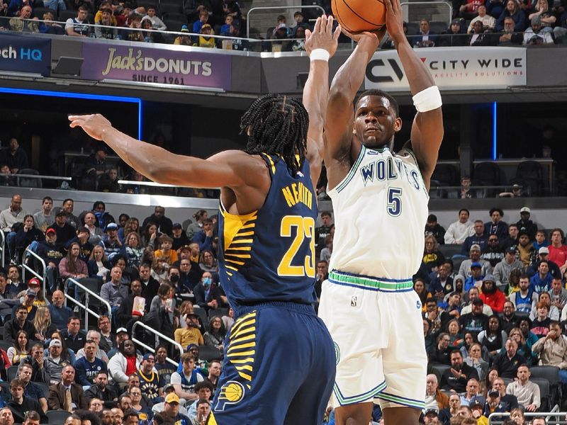 INDIANAPOLIS, IN - MARCH 7: Anthony Edwards #5 of the Minnesota Timberwolves shoots the ball during the game against the Indiana Pacers on March 7, 2024 at Gainbridge Fieldhouse in Indianapolis, Indiana. NOTE TO USER: User expressly acknowledges and agrees that, by downloading and or using this Photograph, user is consenting to the terms and conditions of the Getty Images License Agreement. Mandatory Copyright Notice: Copyright 2024 NBAE (Photo by Ron Hoskins/NBAE via Getty Images)