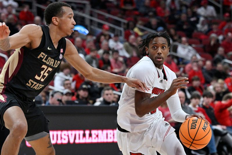 Feb 4, 2023; Louisville, Kentucky, USA;  Louisville Cardinals guard Hercy Miller (15) dribbles against Florida State Seminoles guard Matthew Cleveland (35) during the second half at KFC Yum! Center. Florida State defeated Louisville 81-78. Mandatory Credit: Jamie Rhodes-USA TODAY Sports