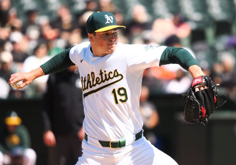 May 25, 2024; Oakland, California, USA; Oakland Athletics relief pitcher Mason Miller (19) pitches the ball against the Houston Astros during the ninth inning at Oakland-Alameda County Coliseum. Mandatory Credit: Kelley L Cox-USA TODAY Sports