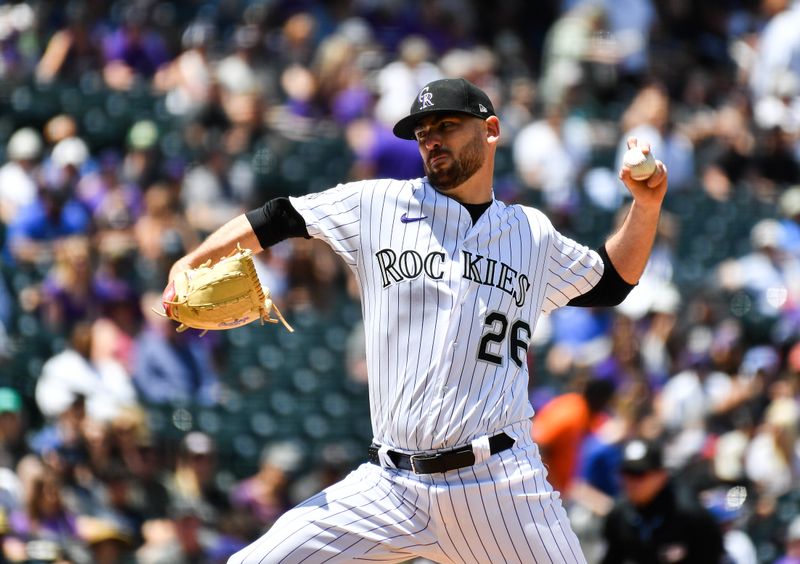 May 28, 2023; Denver, Colorado, USA; Colorado Rockies starting pitcher Austin Gomber (26) delivers a pitch in the first inning against the New York Mets at Coors Field. Mandatory Credit: John Leyba-USA TODAY Sports