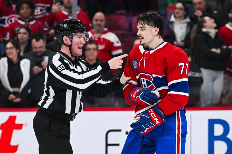 Feb 13, 2024; Montreal, Quebec, CAN; NHL linesman Jonathan Deschamps (80) warns Montreal Canadiens defenseman Arber Xhekaj (72) to go back to his bench during the third period at Bell Centre. Mandatory Credit: David Kirouac-USA TODAY Sports