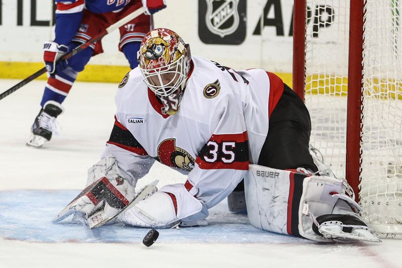 Nov 1, 2024; New York, New York, USA;  Ottawa Senators goaltender Linus Ullmark (35) makes a save on a shot on goal attempt in the second period against the New York Rangers at Madison Square Garden. Mandatory Credit: Wendell Cruz-Imagn Images