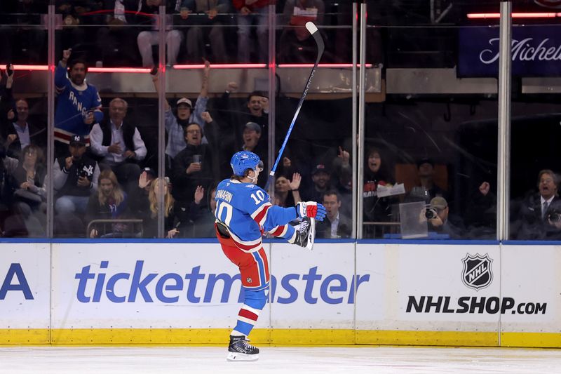 Oct 20, 2025; New York, New York, USA; New York Rangers left wing Artemi Panarin (10) celebrates his goal against the Minnesota Wild during the first period at Madison Square Garden. Mandatory Credit: Brad Penner-Imagn Images