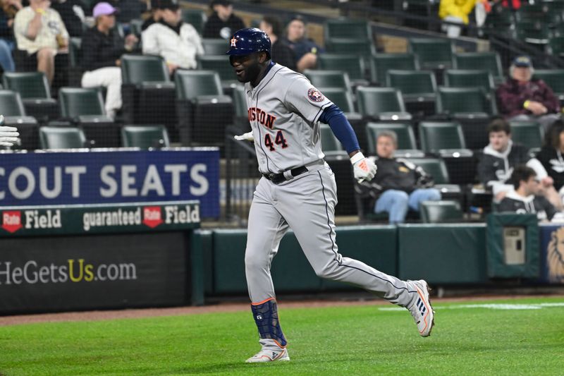 May 12, 2023; Chicago, Illinois, USA;  Houston Astros left fielder Yordan Alvarez (44) after he hits a home run against the Chicago White Sox during the eighth inning at Guaranteed Rate Field. Mandatory Credit: Matt Marton-USA TODAY Sports