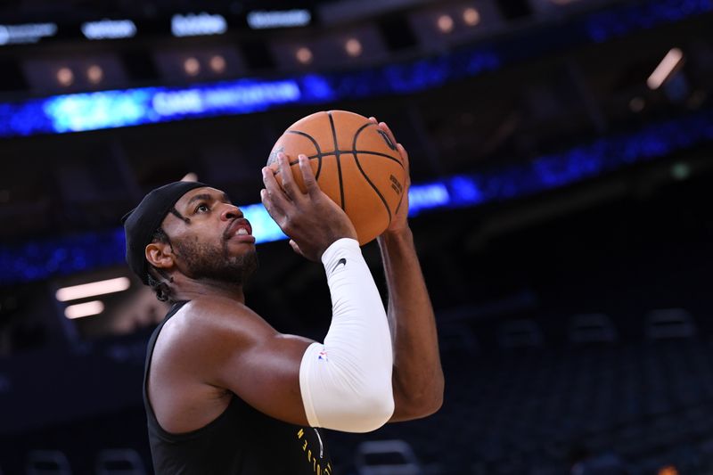 SAN FRANCISCO, CA - DECEMBER 6: Buddy Hield #7 of the Golden State Warriors warms up before the game against the Minnesota Timberwolves on December 6, 2024 at Chase Center in San Francisco, California. NOTE TO USER: User expressly acknowledges and agrees that, by downloading and or using this photograph, user is consenting to the terms and conditions of Getty Images License Agreement. Mandatory Copyright Notice: Copyright 2024 NBAE (Photo by Noah Graham/NBAE via Getty Images)