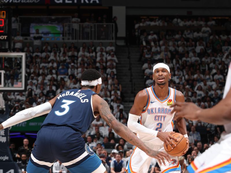 MINNEAPOLIS, MN - MAY 26: Shai Gilgeous-Alexander #2 of the Oklahoma City Thunder handles the ball during the game against the Minnesota Timberwolves during Game Four of the Western Conference Finals on February 1, 2025 at Target Center in Minneapolis, Minnesota. NOTE TO USER: User expressly acknowledges and agrees that, by downloading and or using this Photograph, user is consenting to the terms and conditions of the Getty Images License Agreement. Mandatory Copyright Notice: Copyright 2025 NBAE (Photo by David Sherman/NBAE via Getty Images)