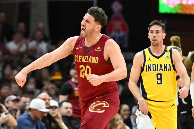 CLEVELAND, OHIO - APRIL 12: Georges Niang #20 of the Cleveland Cavaliers celebrates during the first half against the Indiana Pacers at Rocket Mortgage Fieldhouse on April 12, 2024 in Cleveland, Ohio. NOTE TO USER: User expressly acknowledges and agrees that, by downloading and or using this photograph, User is consenting to the terms and conditions of the Getty Images License Agreement. (Photo by Nick Cammett/Getty Images)