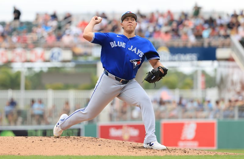 Feb 22, 2026; Fort Myers, Florida, USA;  Toronto Blue Jays starting pitcher Fernando Perez (69) throws a pitch during the first inning against the Boston Red Sox at JetBlue Park at Fenway South. Mandatory Credit: Kim Klement Neitzel-Imagn Images