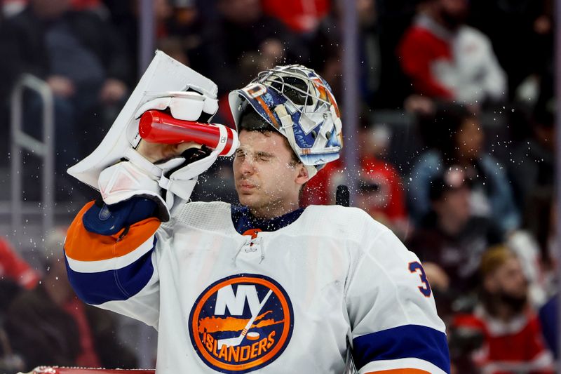 Feb 29, 2024; Detroit, Michigan, USA;  New York Islanders goaltender Ilya Sorokin (30) cools off in the second period against the Detroit Red Wings at Little Caesars Arena. Mandatory Credit: Rick Osentoski-USA TODAY Sports