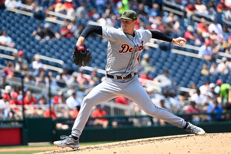 May 21, 2023; Washington, District of Columbia, USA; Detroit Tigers starting pitcher Joey Wentz (43) throws to the Washington Nationals during the second inning at Nationals Park. Mandatory Credit: Brad Mills-USA TODAY Sports