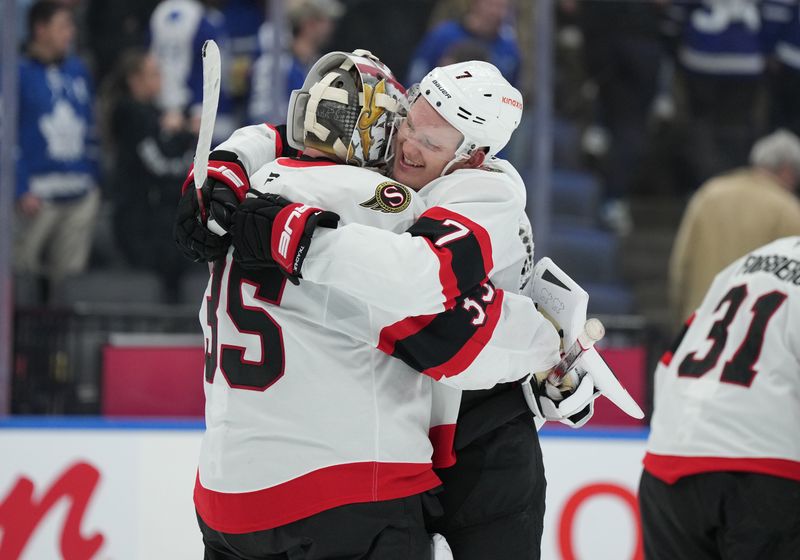 Nov 12, 2024; Toronto, Ontario, CAN; Ottawa Senators left wing Brady Tkachuk (7) celebrates a win with goaltender Linus Ullmark (35) against the Toronto Maple Leafs at Scotiabank Arena. Mandatory Credit: Nick Turchiaro-Imagn Images