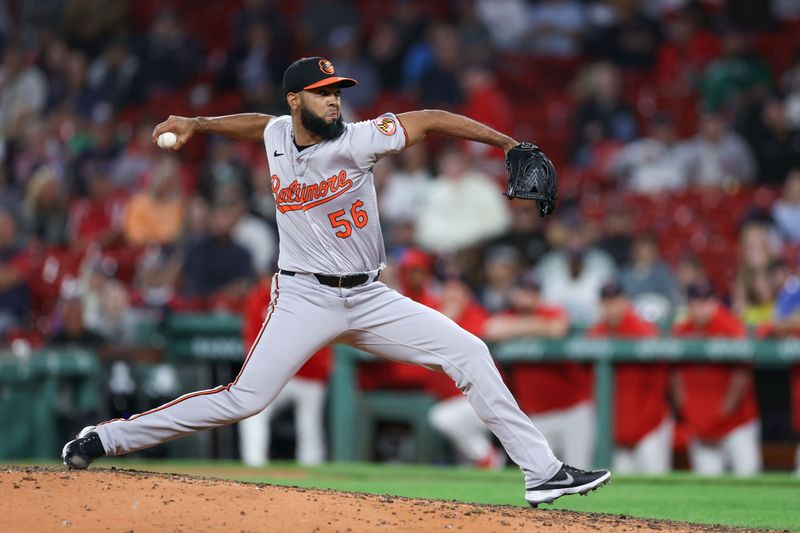 Sep 10, 2024; Boston, Massachusetts, USA; Baltimore Orioles relief pitcher Seranthony Dominguez (56) delivers a pitch during the ninth inning against the Boston Red Sox at Fenway Park. Mandatory Credit: Paul Rutherford-Imagn Images