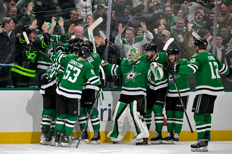 Dec 21, 2023; Dallas, Texas, USA; The Dallas Stars team and fans celebrates after center Matt Duchene (95) scores the game winning goal against the Vancouver Canucks during the overtime period at the American Airlines Center. Mandatory Credit: Jerome Miron-USA TODAY Sports