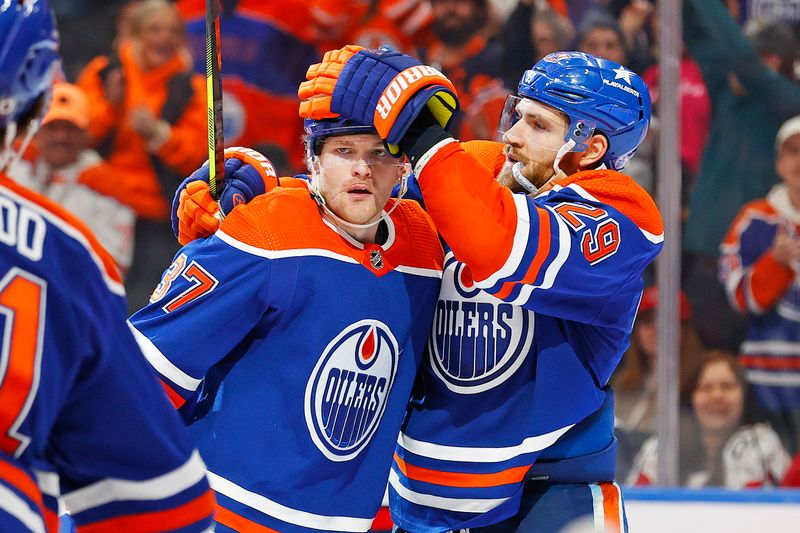 sMar 13, 2024; Edmonton, Alberta, CAN; The Edmonton Oilers celebrate a goal scored by forward Warren Foegele (37) during the third period against the Washington Capitals at Rogers Place. Mandatory Credit: Perry Nelson-USA TODAY Sports