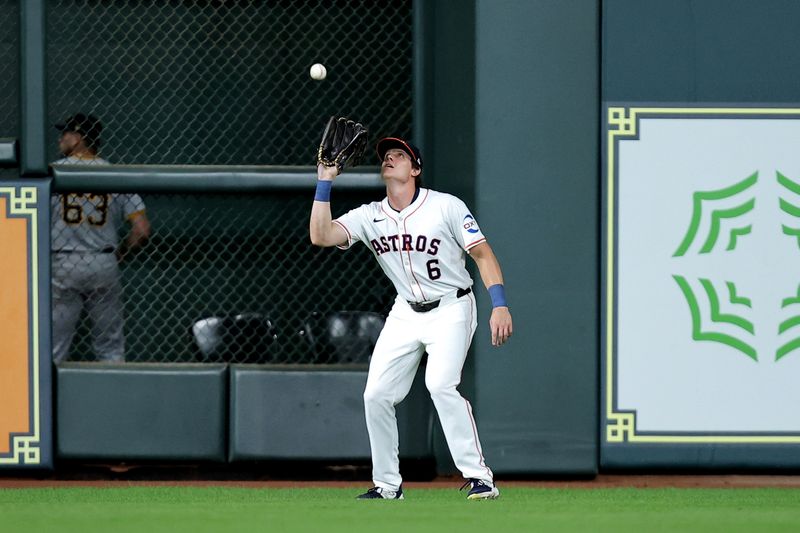 Jul 31, 2024; Houston, Texas, USA; Houston Astros center fielder Jake Meyers (6) catches a fly ball for an out against the Pittsburgh Pirates during the seventh inning at Minute Maid Park. Mandatory Credit: Erik Williams-USA TODAY Sports