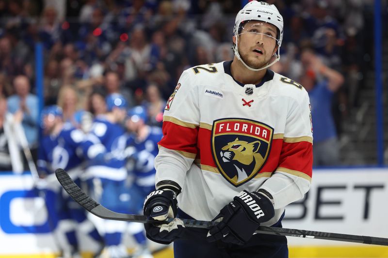 Apr 27, 2024; Tampa, Florida, USA; Florida Panthers defenseman Brandon Montour (62) looks on after Tampa Bay Lightning center Steven Stamkos (91) (not pictured) scored a goal during the third period in game four of the first round of the 2024 Stanley Cup Playoffs at Amalie Arena. Mandatory Credit: Kim Klement Neitzel-USA TODAY Sports