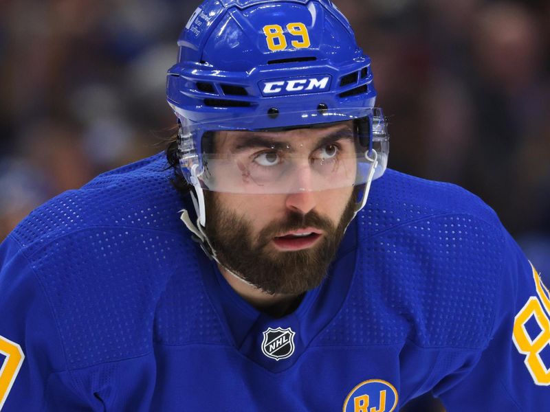 Jan 20, 2024; Buffalo, New York, USA;  Buffalo Sabres right wing Alex Tuch (89) waits for the face-off during the second period against the Tampa Bay Lightning at KeyBank Center. Mandatory Credit: Timothy T. Ludwig-USA TODAY Sports