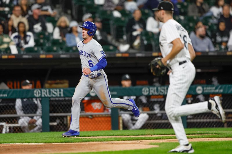 Sep 13, 2023; Chicago, Illinois, USA; Kansas City Royals center fielder Drew Waters (6) runs to score against the Chicago White Sox during the seventh inning at Guaranteed Rate Field. Mandatory Credit: Kamil Krzaczynski-USA TODAY Sports