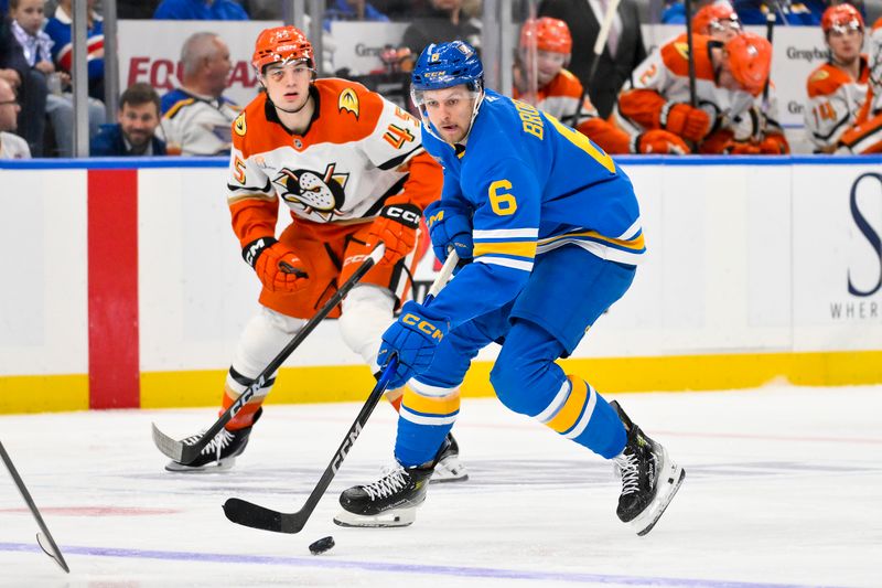 Dec 1, 2025; St. Louis, Missouri, USA; St. Louis Blues defenseman Philip Broberg (6) controls the puck against the Anaheim Ducks during the second period at Enterprise Center. Mandatory Credit: Jeff Curry-Imagn Images